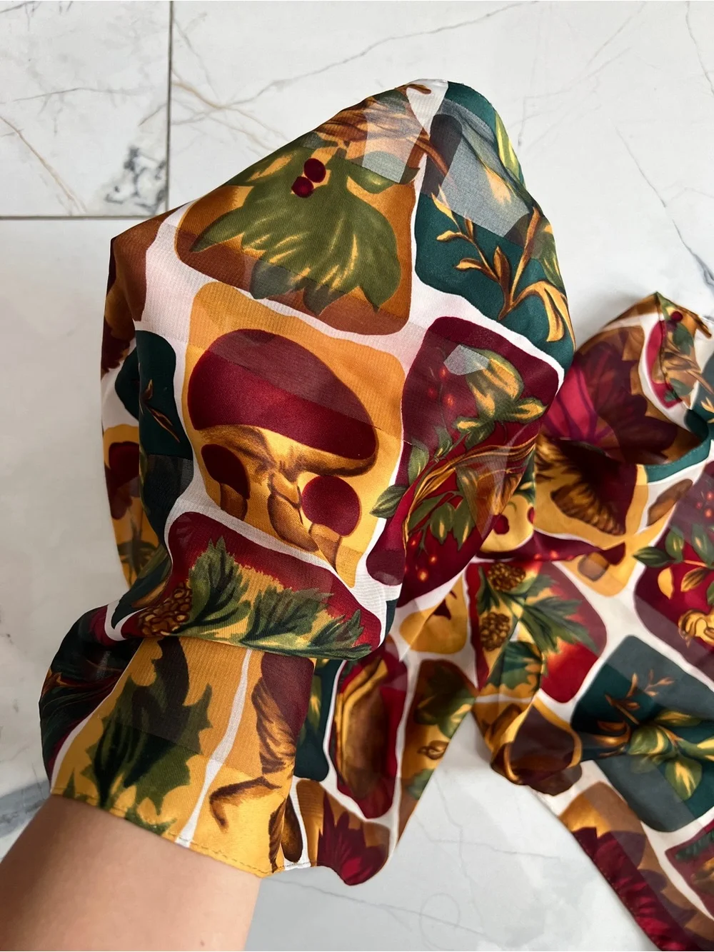 Autumn Fall Leaves Themed Sheer Scarf in Red, Green & Gold with Mushrooms
